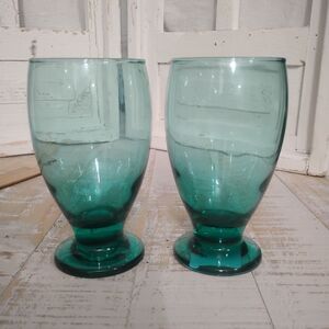 Modern Retro Cristar Lexington Turquoise Blue Green Pedestal Water Glasses NOS
